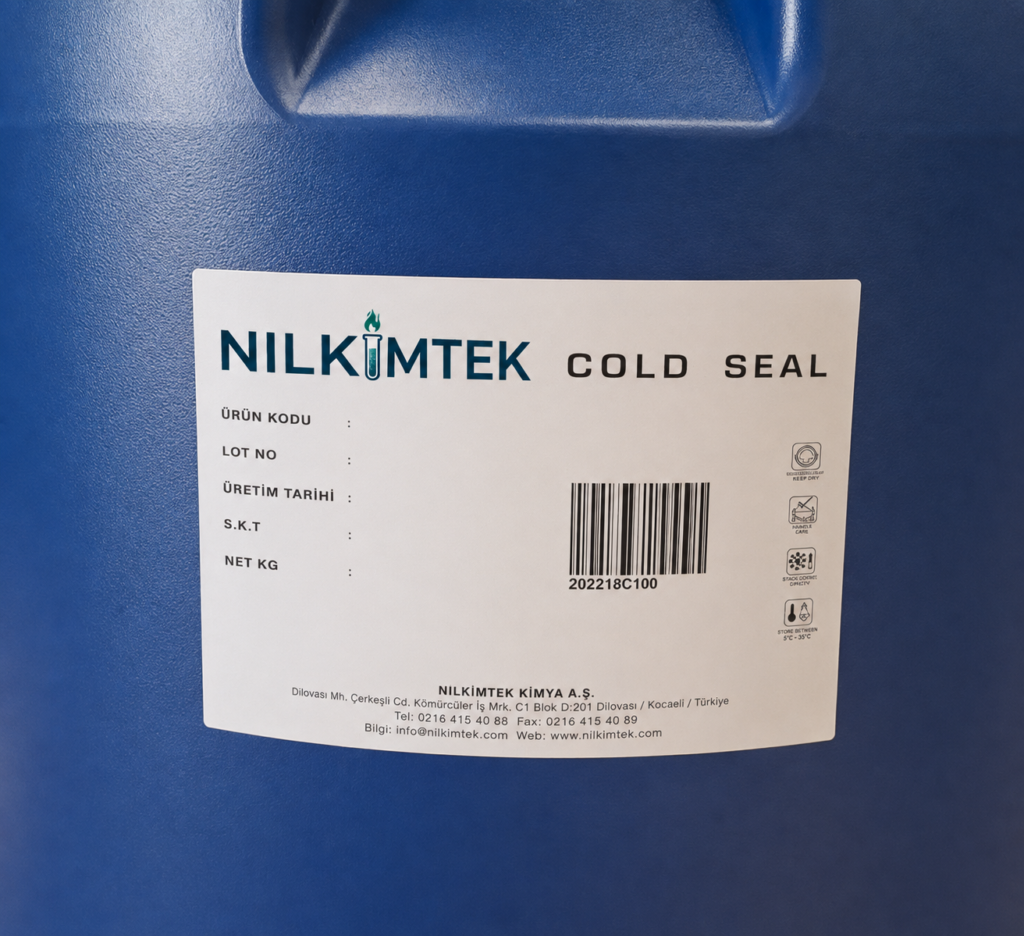 Nilkimtek Cold Seal drum label showing product code, lot number and production date